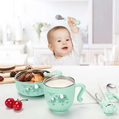 Insulation baby eating warmer feeding set safe and durable Stainless steel  food bowl baby feeding bowl cup and spoon cutlery