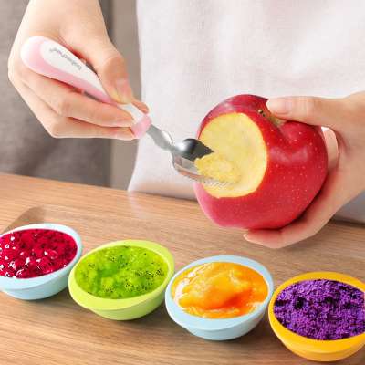 Stainless Steel Functional fruit spoon with gear teeth Baby assisted food tableware cutlery baby fruit  grain feeder silicone